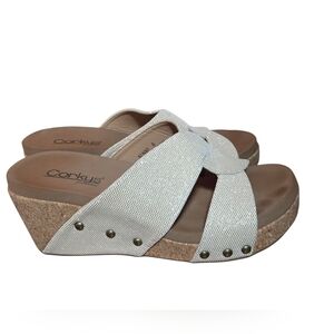 Corkys Bonny Gold Metallic Platform Cork Wedge Sandals Size 8